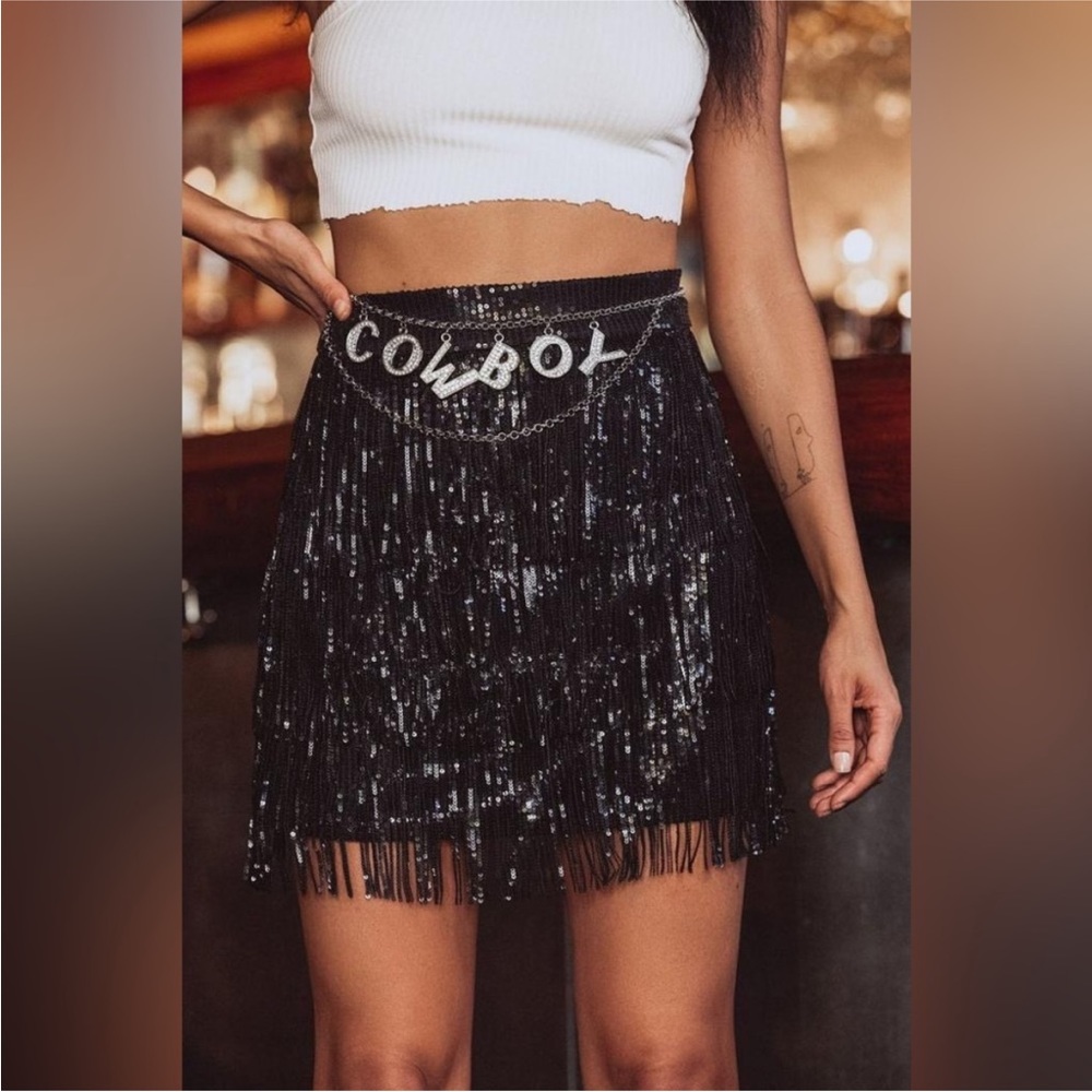 Shotgun Black Fringe Mini Skirt - 12th Tribe small sequin sparkle party